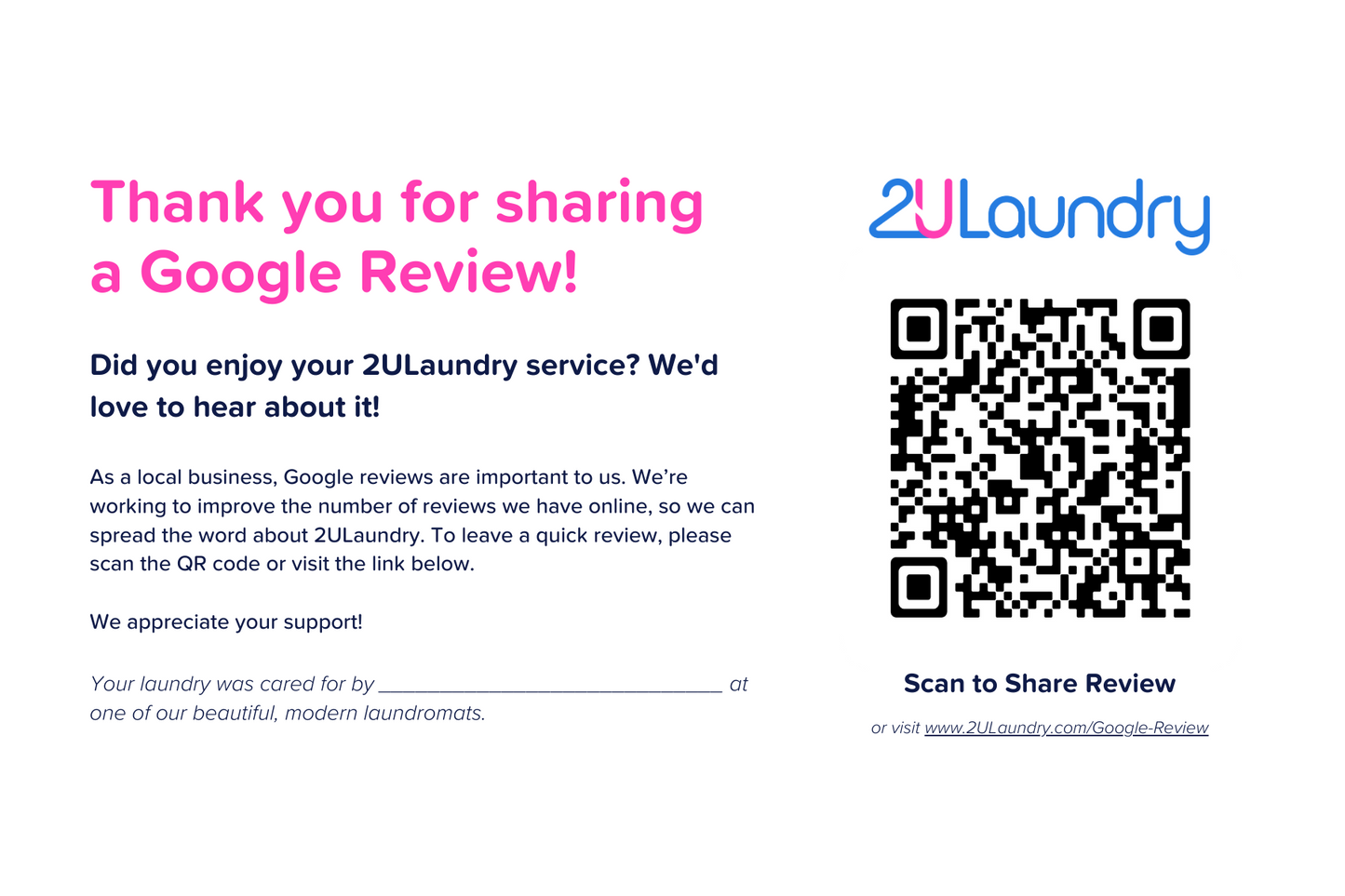 2ULaundry Google Review Request Laundry Insert - 100 Pack