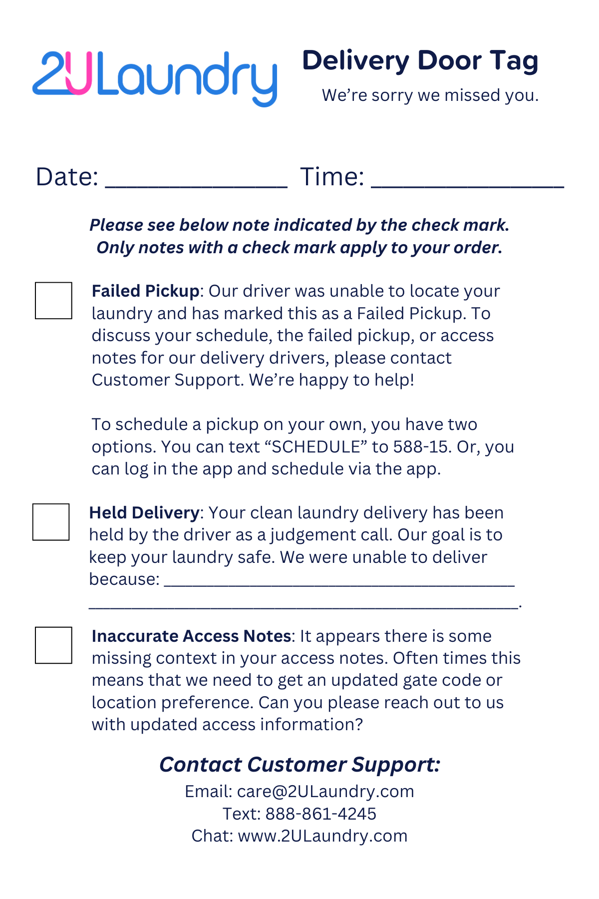 2ULaundry Delivery Door Tag - 50 Pack